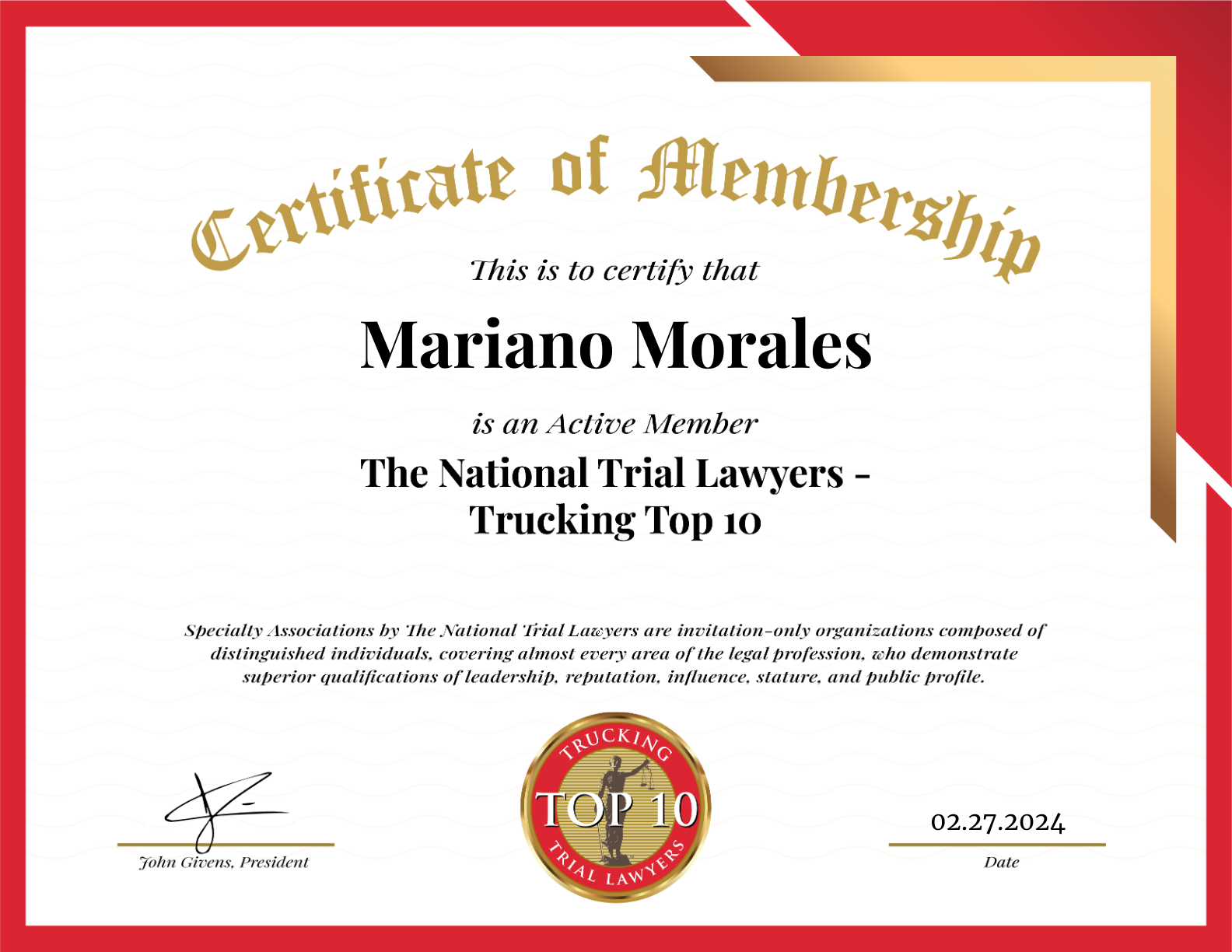 Certificate of Membership The National Trial Lawyers-Trucking Top 10 2024